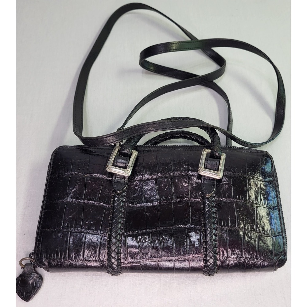 Brighton Crossbody Double Braided Handled Croc Embossed Leather Wallet Purse